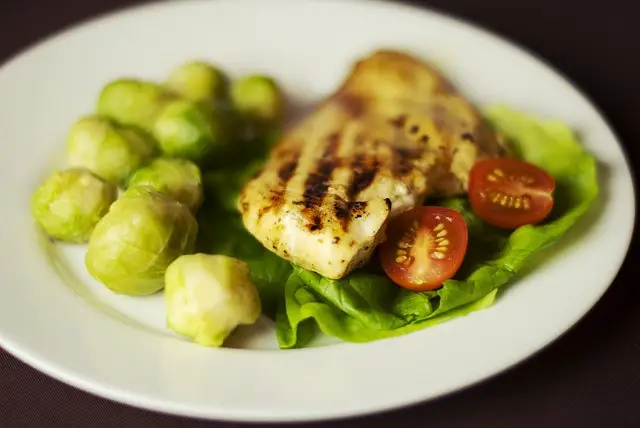 chicken, brussels sprouts, tomatoes
