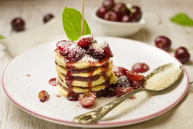 pancakes, cherries, coconut