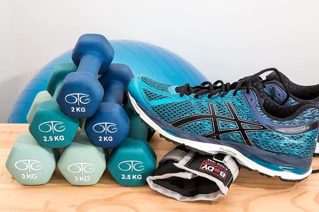 dumbbells, shoes, sneakers